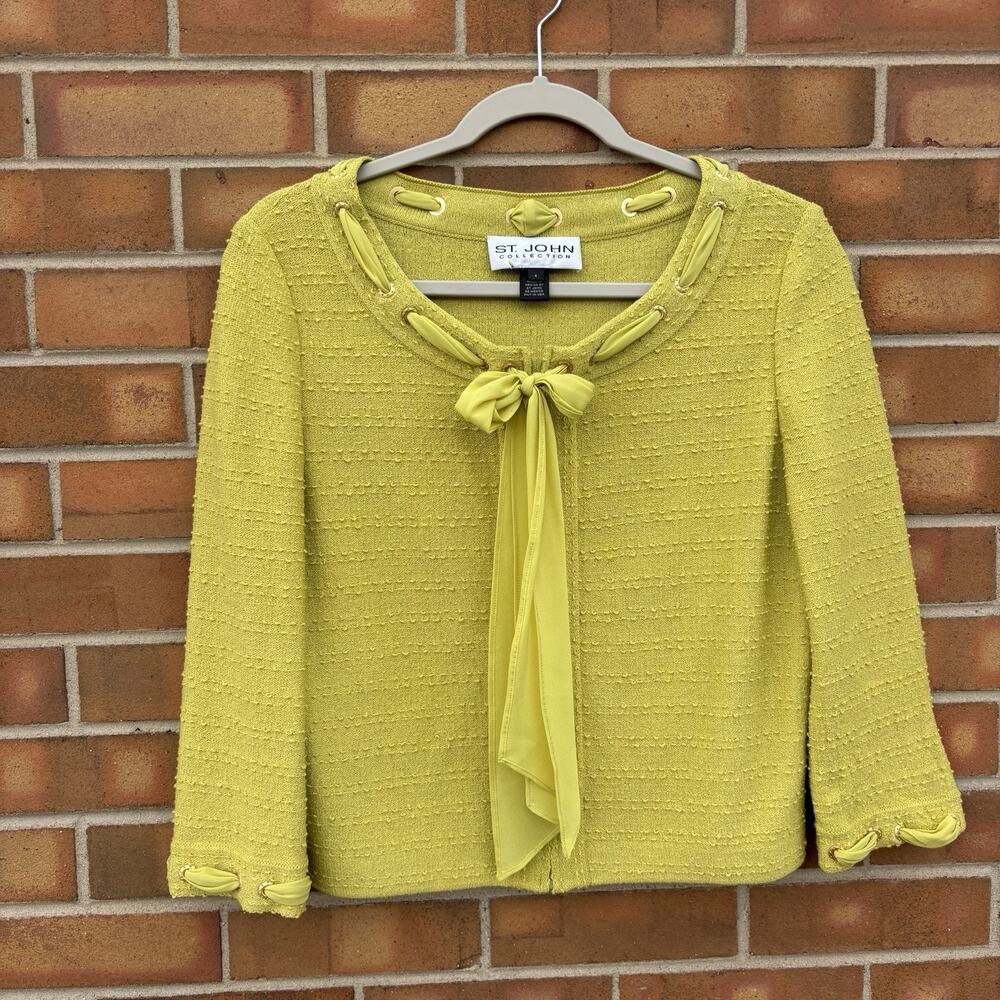 St John Collection Womens Sz 4 Green Zip Up Jacket Bow Collar Classic